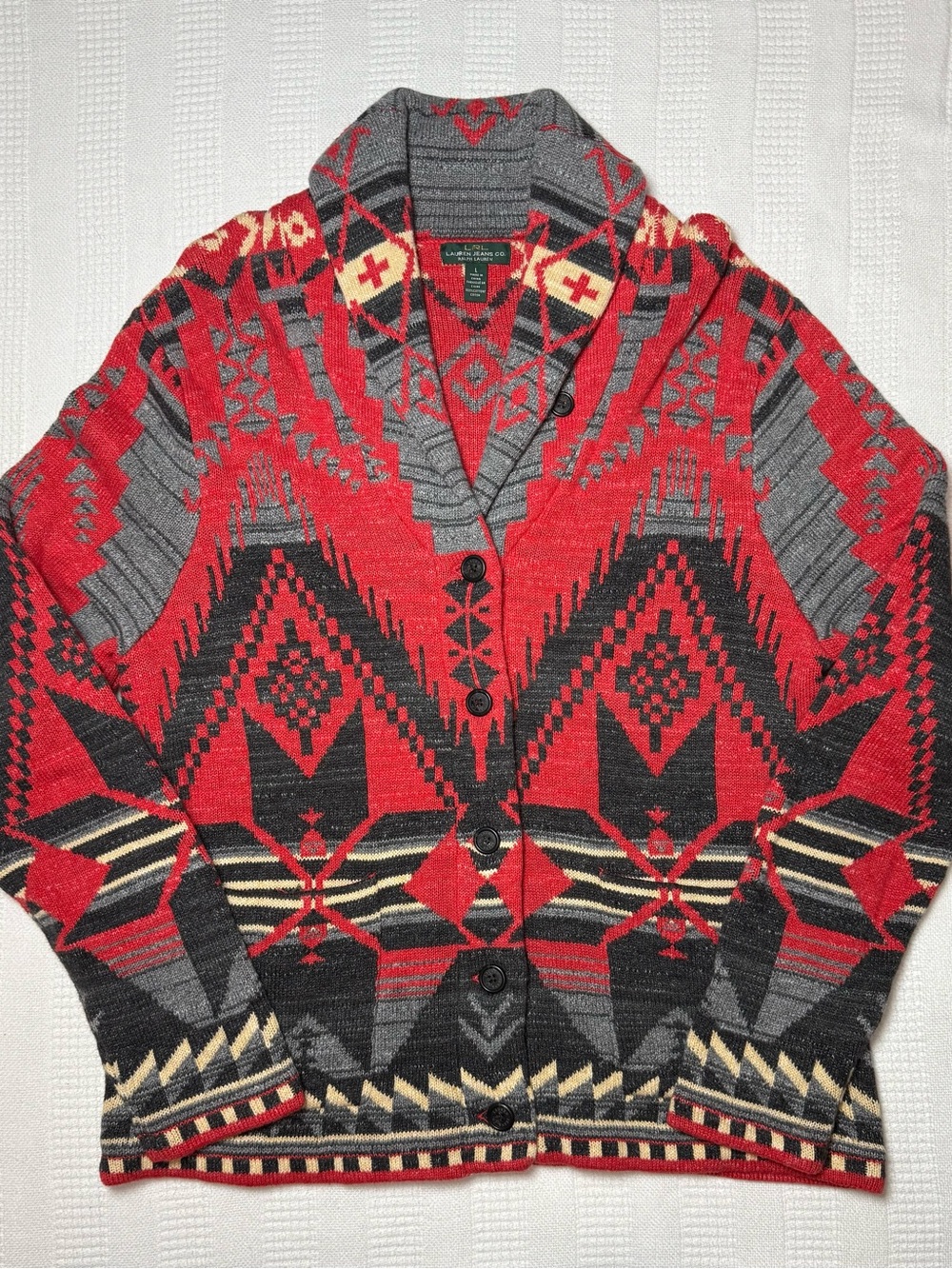 Vintage 90s Lauren Ralph Lauren Southwestern Aztec Cotton Knit Cardigan Sweater